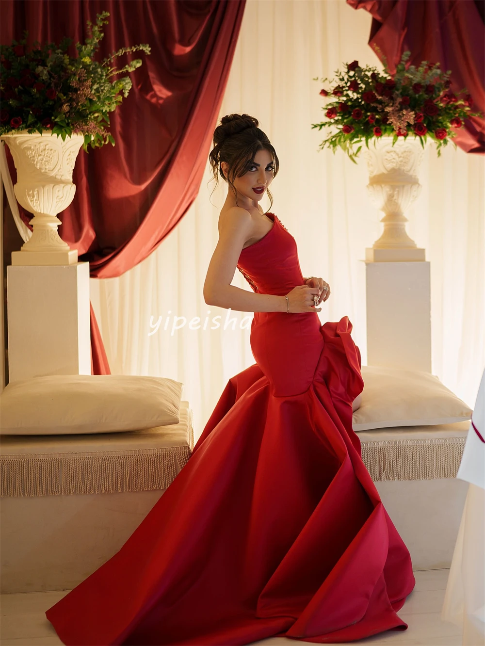 

Customized High Quality Women Jersey Rhinestone Handmade Flower A-Line Evening Dresses Sexy Strapless Sleeveless Long Prom Dress