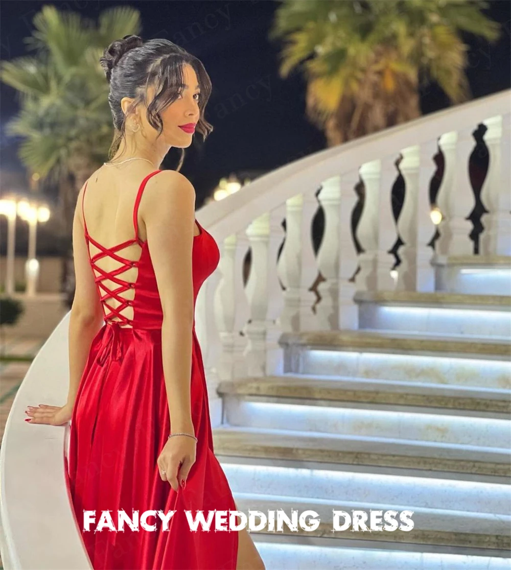 Vestido de noite vermelho com pescoço quadrado com alças de espaguete, A Line High Split Prom Gown, Vestido de baile elegante, Vestidos formais até o chão