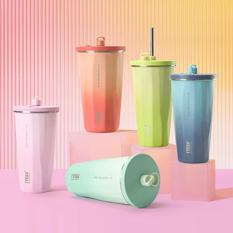 

470/600 мл кофейная чашка из нержавеющей стали 304 с соломинкой, градиентная цветная изолированная бутылка для воды, автомобильный термос, кружка, вакуумная чашка для холодных напитков