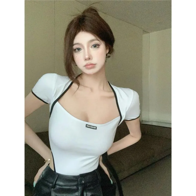 

Summer New Letter Print Square Collar One-piece T Shirts American High Street Hottie Fashion Jumpsuits Women's Ins Slim Sexy Top