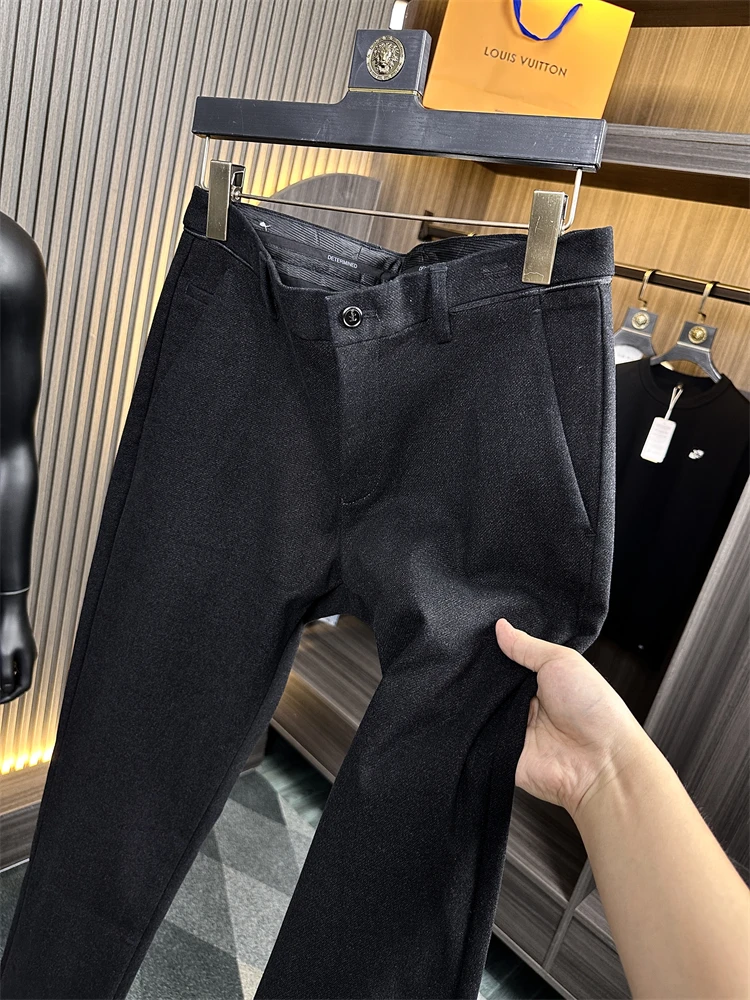 Men's Pure Color Business Casual Thickened Straight Leg Elastic Leisure Pants Autumn Warmth Treated Fabric Youthful Style