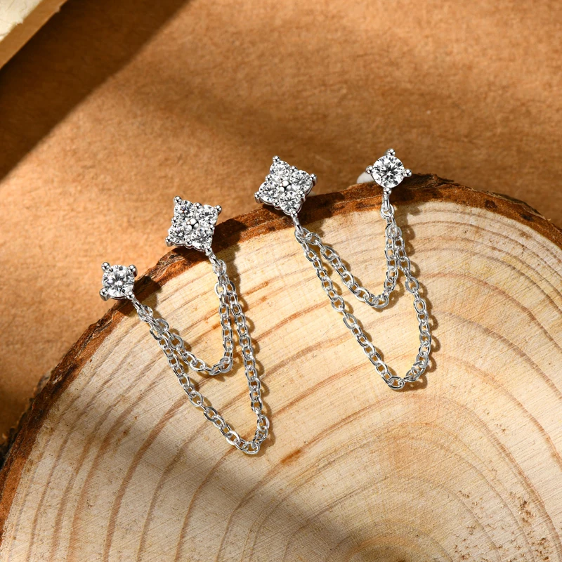 Lnngy 925 Sterling Silber Doppel Ohrstecker Kette Quaste Ohrringe Zertifiziert 3mm & 2mm Blume Moissanit Tropfen Ohrring für Frauen Geschenk – Detail 11