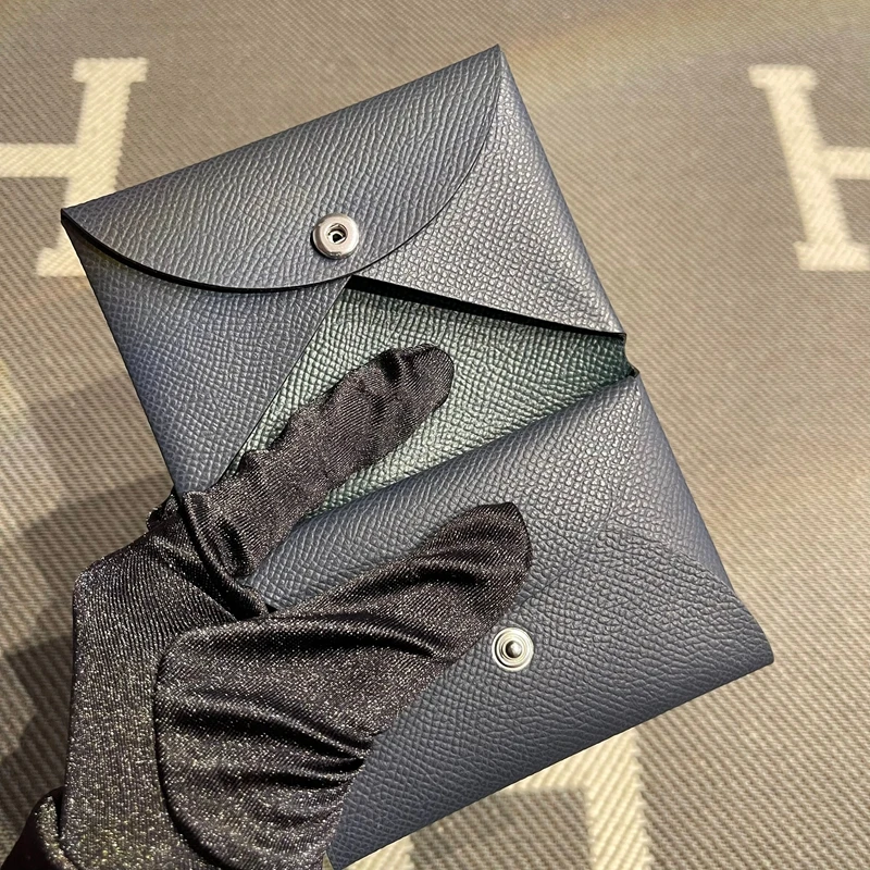 Genuine Leather Key Coin Document Wallet Deep Blue Patchwork Pine Green Practical Leather Goods Short Wallet Cowhide