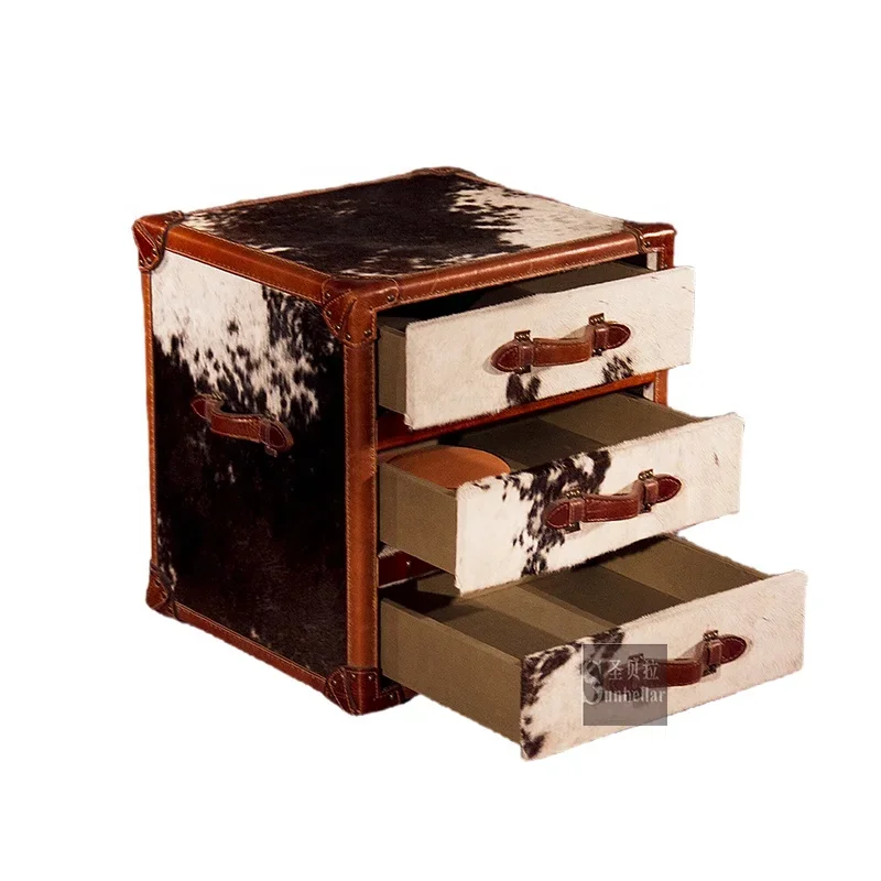 

Home Luxury Side Table Cabinet Living Room Vintage Genuine Leather Natural Cow Fur Trunk Cabinet with 3 Drawers Decoration