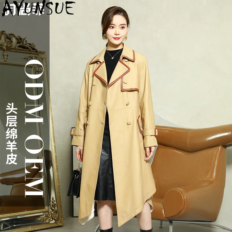 AYUNSUE Kurtka Damska z Naturalnej Skóry 2025 100% Skóra Owcza Kurtki Damskie Wiosna Jesień Odzież Długa Косуха Женская Casual
