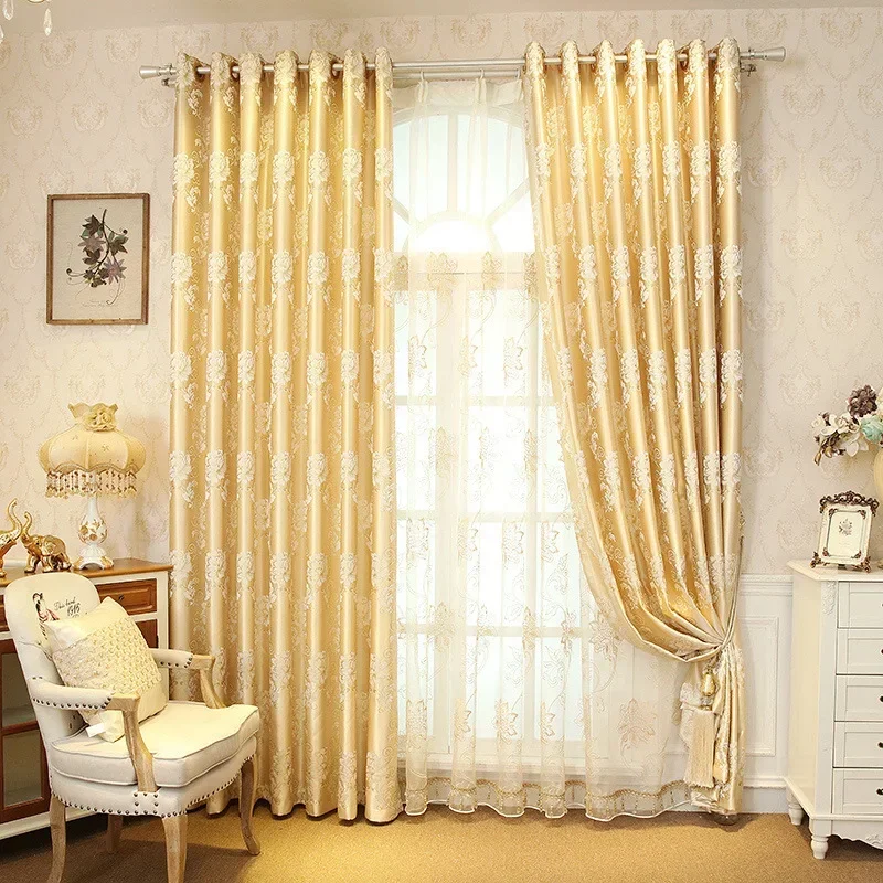 

Simple European Gold Jacquard Curtains for Living Room Bedroom Encrypted Wire Window Fabric Jacquard Semi-blackout Hall Cloth