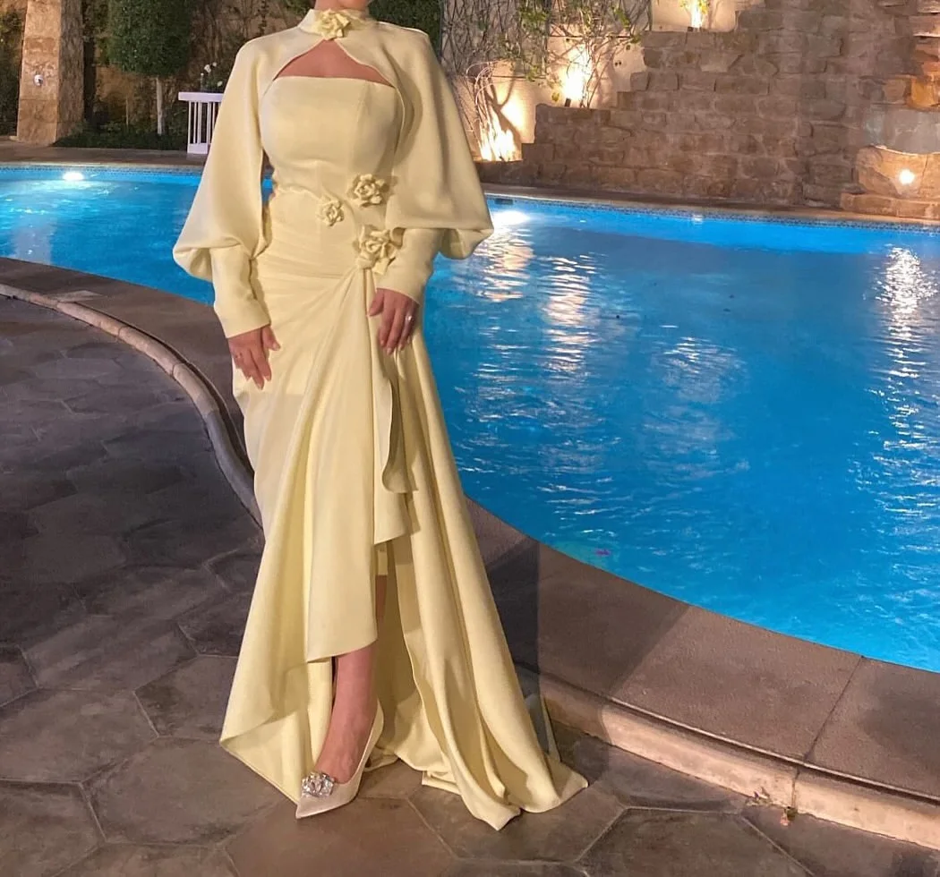 Meetlove أصفر رقبة عالية طول الأرض ساتان كم كامل زهور ثلاثية الأبعاد فساتين سهرة مخصصة بدون حمالات غمد فساتين حفلات