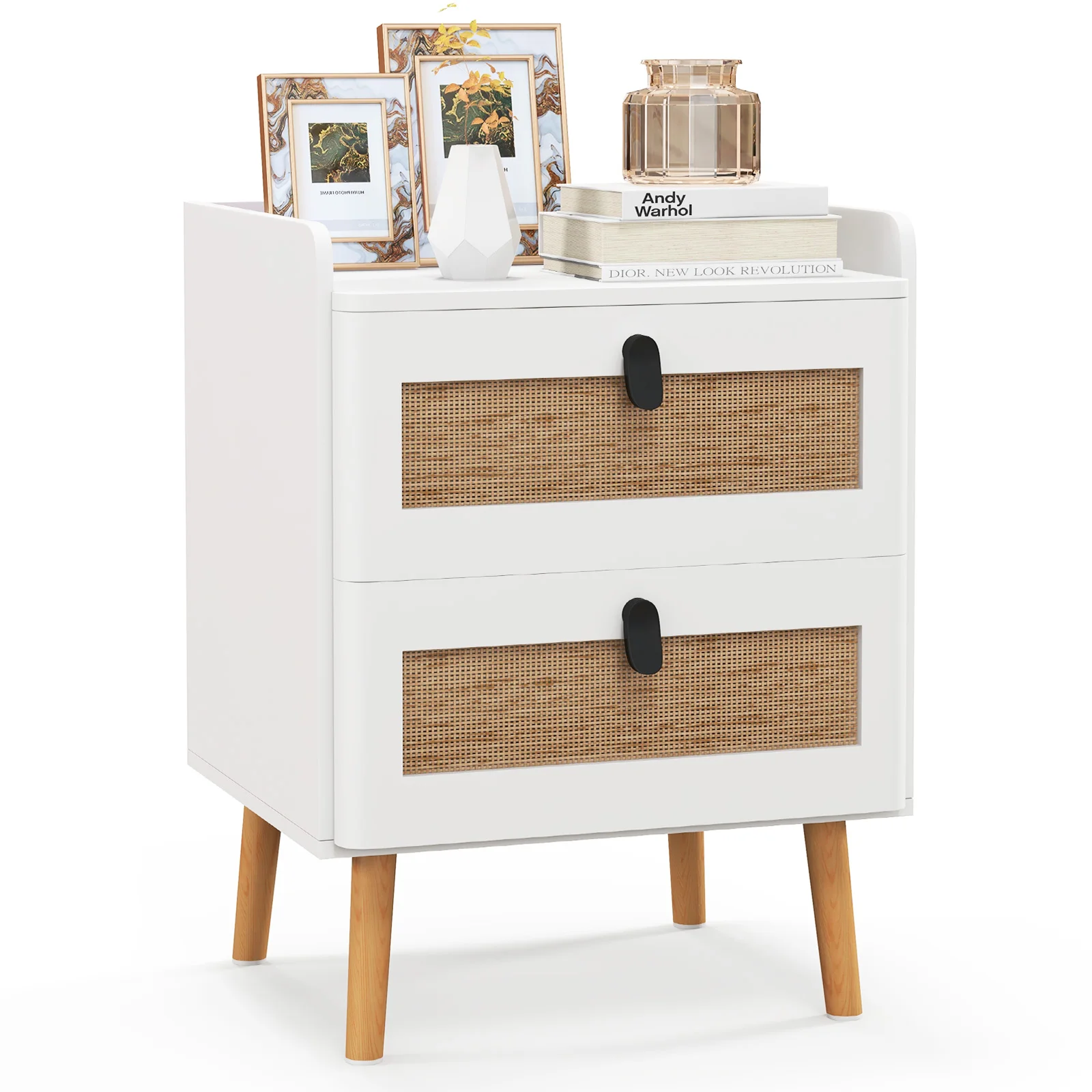 

Modern Nightstand End Bedside Table w/ 2 Rattan Drawers & Solid Wood Legs White