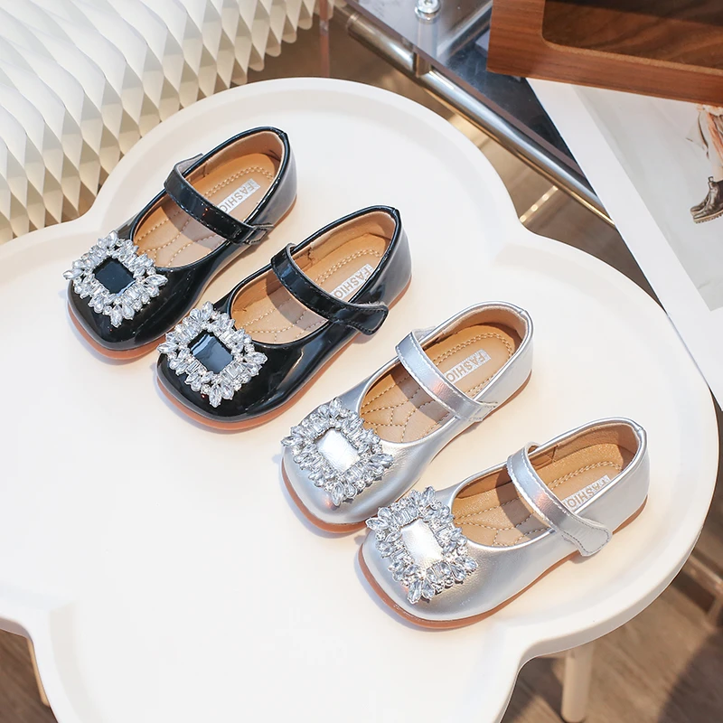 Luxury Crystal Square Buckle Ballet Flats For kids Girls Silver Leather Mary Janes Children Brand Design Elegant Dress Shoes