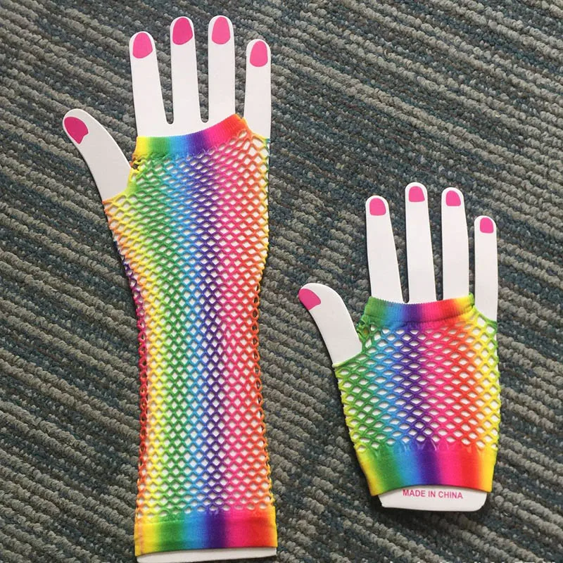 Nightclub Sexy Fishing Net Gloves Rainbow Neon Party Punk Half Finger Gloves Women Disco Dance Costume Long Mitten