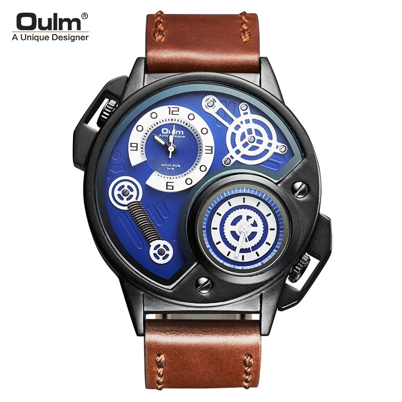 Men Dual Time Zone Sports Watches Oulm Men Watch Fashion Outdoor Sport Clock Leather Quartz Male Watch Relogio Masculino