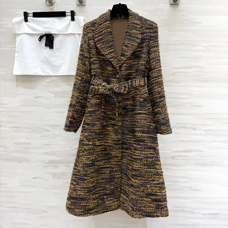 

Высококачественная смесь твидовой пряжи в классическом британском стиле в стиле ретро, женское длинное пальто с воротником-стойкой и полной длиной 25110649.