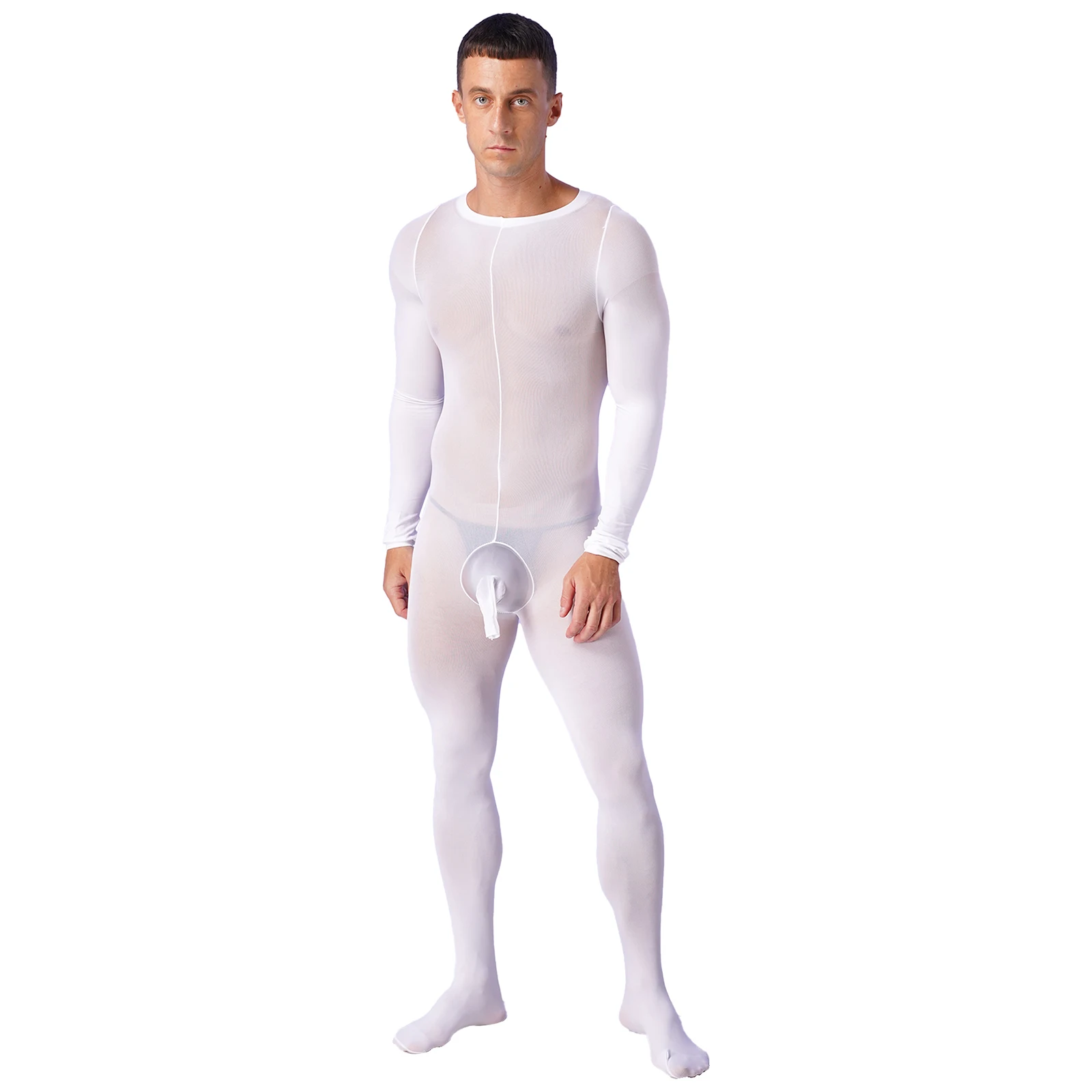 Lingerie Men See Through Bulge Pouch Stretchy Bodystocking Solid Color Round Neck Long Sleeve Bodysuit Underwear Nightwear