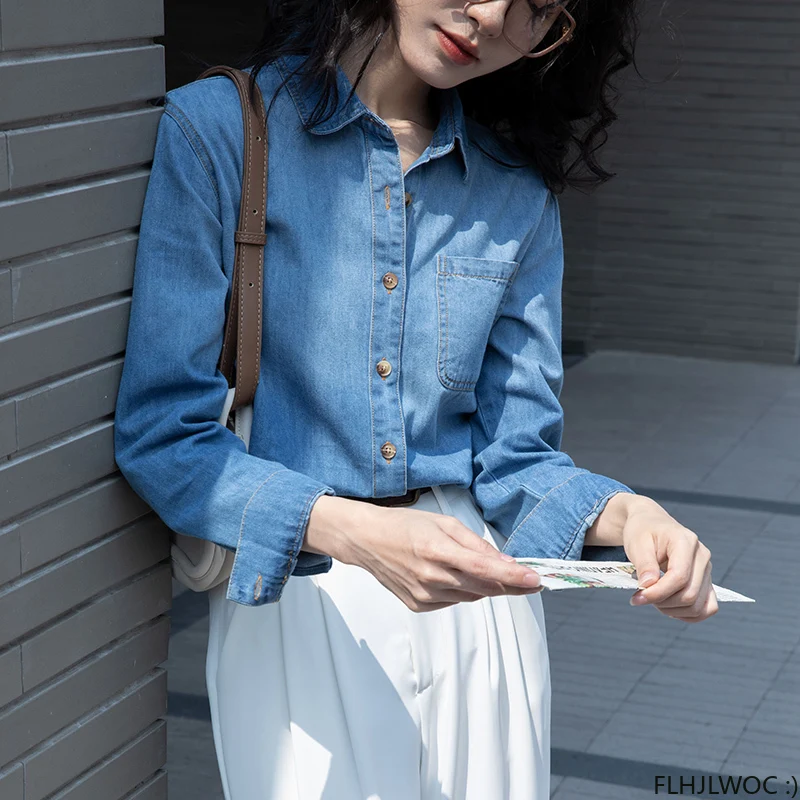 Cotton Denim Shirt 2023 New Design Temperament Women Blouses Office Lady Blue Jeans Embroidery Top Single-Breasted Button Shirts