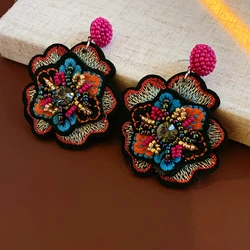 Colorful Rice Beads Embroidered Flower Earrings for Women Unique Design Drop Earring Retro Delicate Luxury Designer Jewelry
