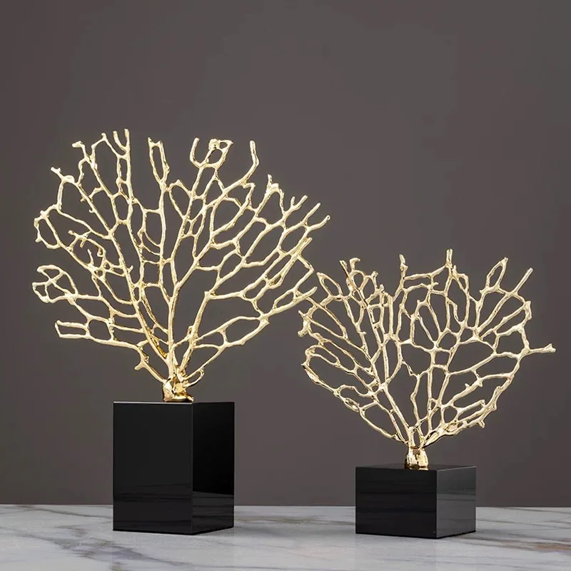 Metal Coral Simulation Golden Tree Marble Base Hollow Desktop Crafts Ornaments Home Decoration Figurines