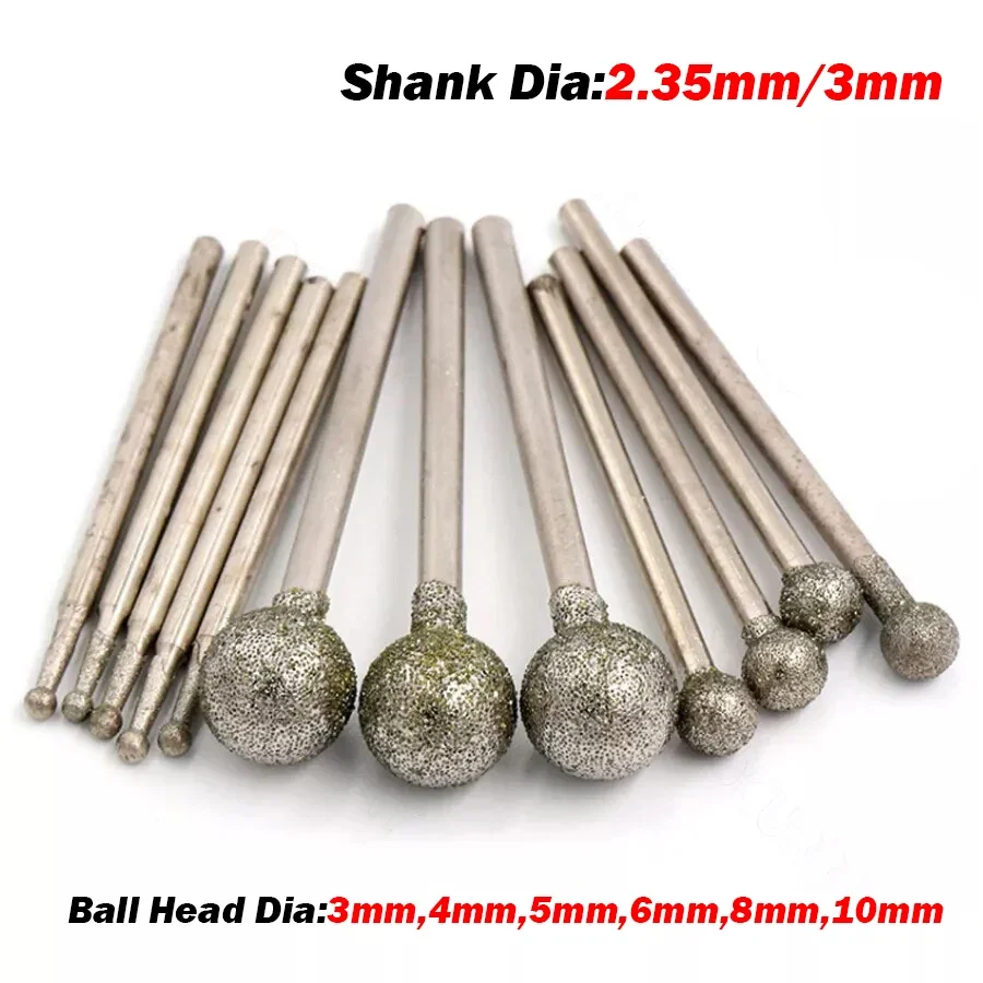 

3/4/5/6/8/10mm Ball Round Rotary Diamond Burr Drill Bit Grinding Carving 60-Grit 2.35/3mm For Dremel Rotary Tool