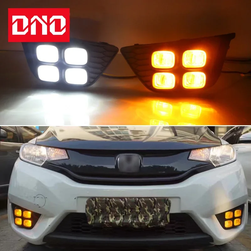 Car LED DRL 12V Daylights For Honda Jazz Fit 2014 - 2017 Yellow Turn Signal Daytime Running Headlamps Auto Driving Lamp Foglamps