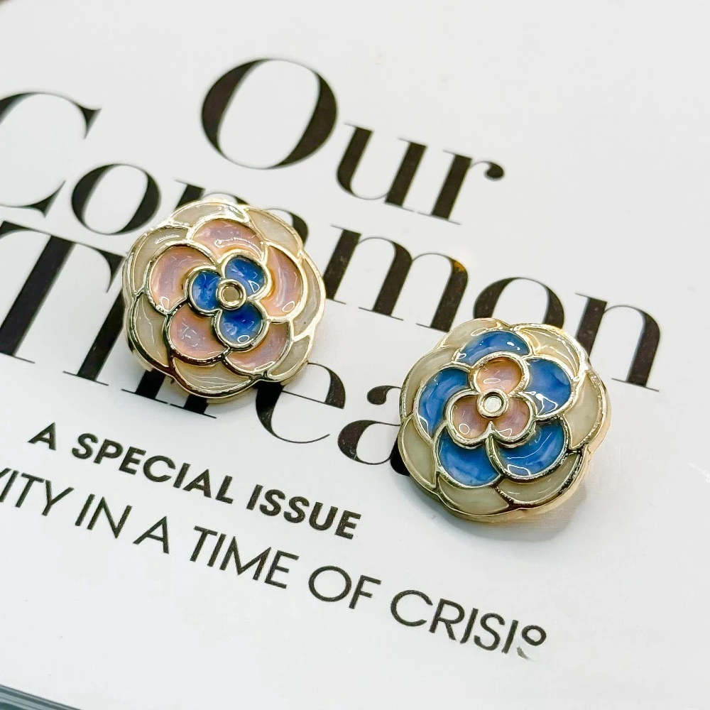 

10pcs 1.75/2.25cm Camellia Flower Metal Buttons, Pink/Blue Cute Sewing Buttons for Cardigans Dresses Coats, DIY Clothing Buttons
