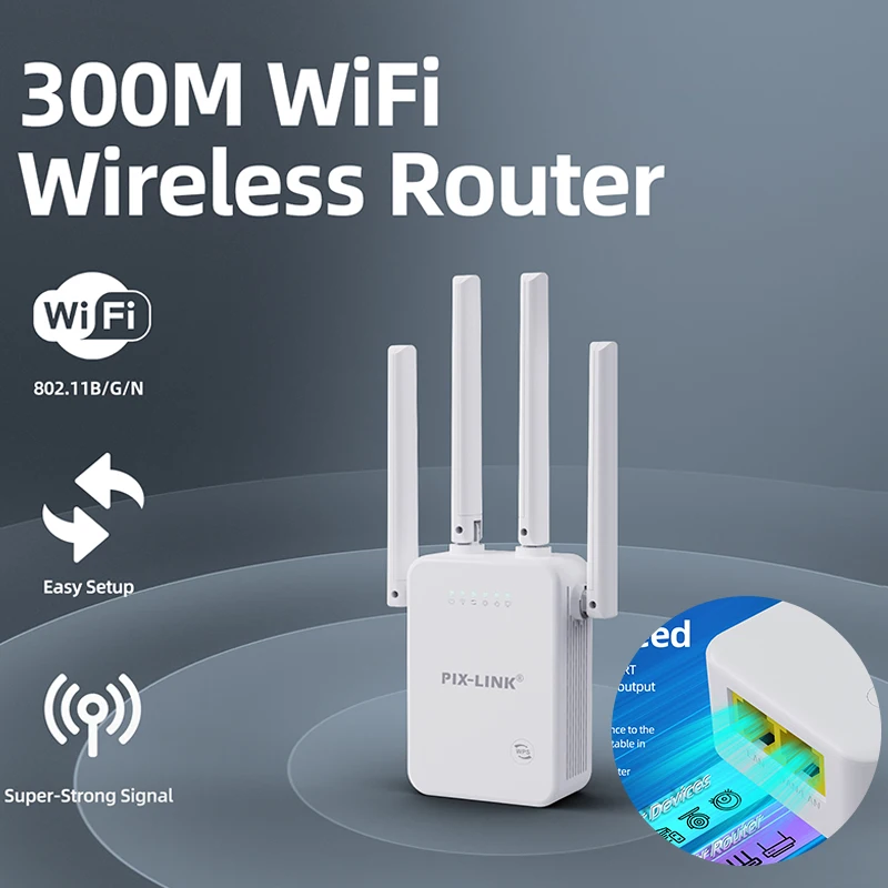 

﻿ PIX-LINK WR47D4Q Double Port 300Mbps WiFi Repeater Wireless Router AP Mode 4 Antennas WPA3 2.4GHz Wifi Amplifier Booster For H