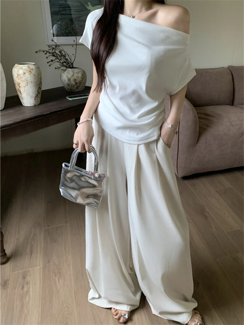 PLAMTEE Straight Mopping Pants Women Loose Chic High Waist Slim New Skew Collar T-Shirts Autumn 2023 Gentle Daily Work Wear