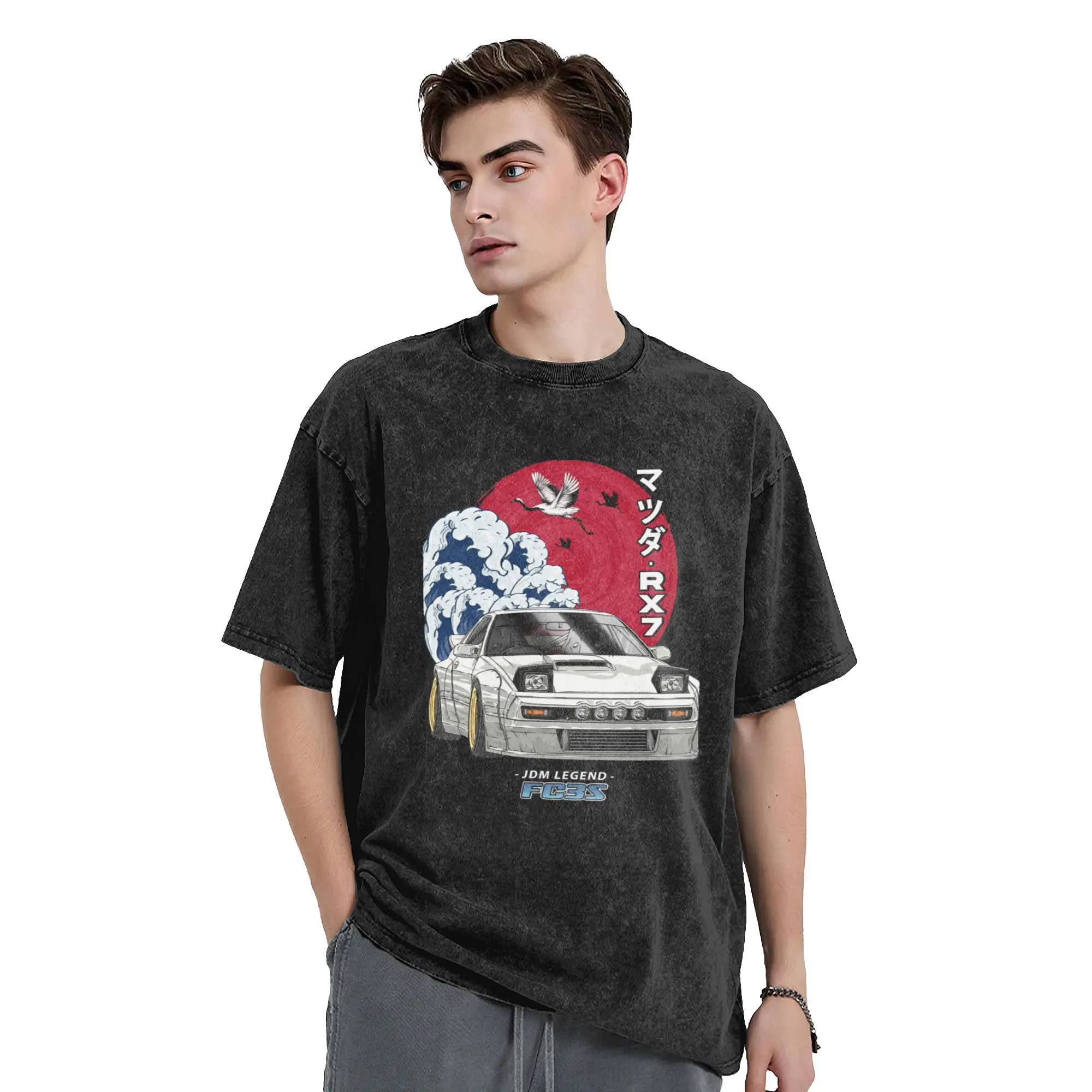 Casual Initial D Anime Vintage Washed T Shirt Unisex Short Sleeve Tops Shirts JDM Mazda RX-7 Turbo FC3S Cotton Summer Clothes