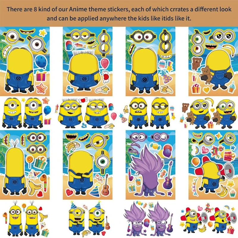 

Minions cartoon cute 16pcs stickers kawaii student toys fun DIY face swap puzzle stickers movie anime merchandise wholesale