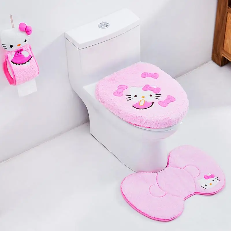 Nowy Kawaii Hello Kitty pluszowe mata toaletowa antypoślizgowe maty podłogowe Cartoon Kt kuweta pokrywa Pad uchwyt na papier łazienka przeciwpoślizgowe dywan