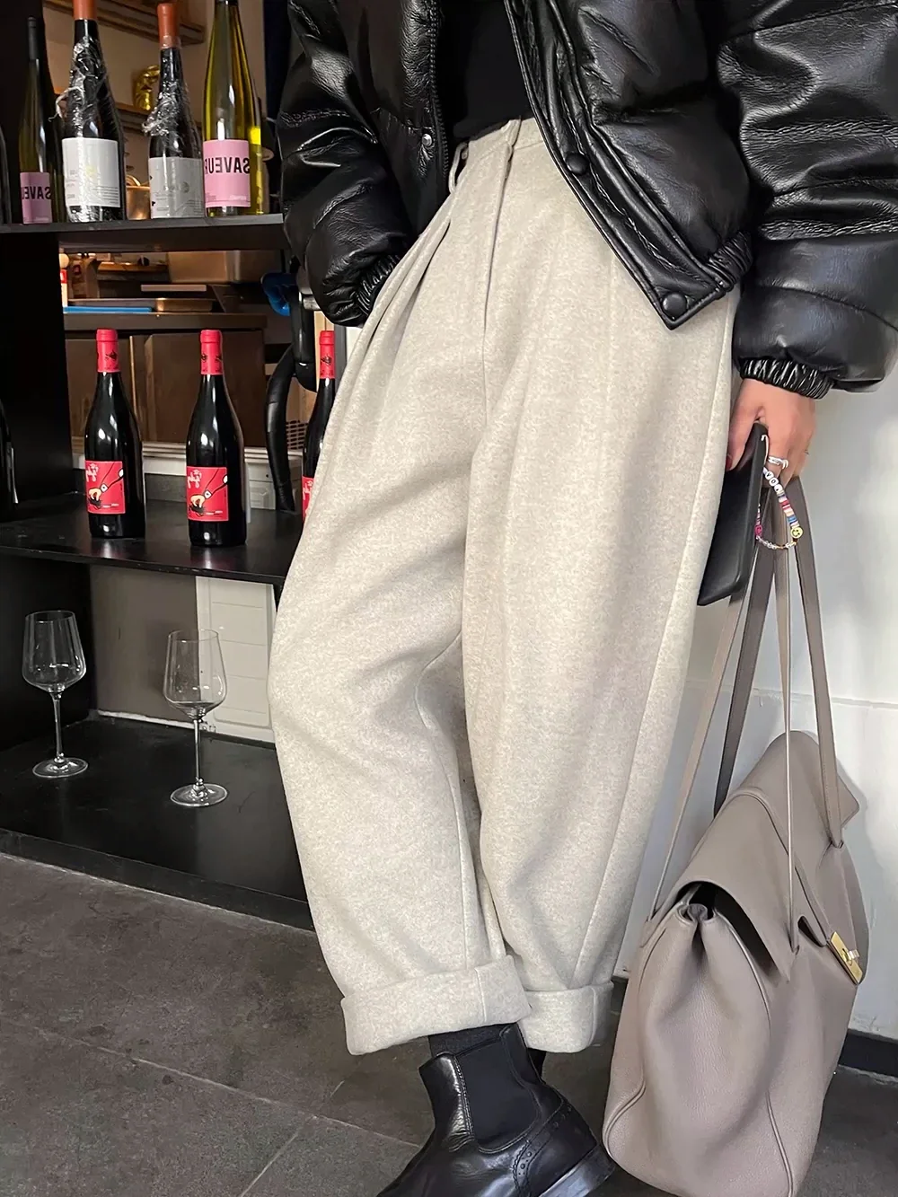 กางเกงขายาวทรงฮาเร็มผ้าวูลสำหรับผู้หญิง สไตล์เกาหลี เอวสูง ผ้าหนา ใส่สบาย มีกระเป๋า เหมาะสำหรับฤดูใบไม้ร่วงและฤดูหนาว