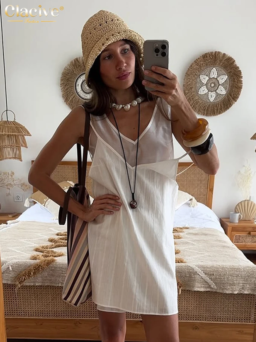 

Clacive Summer Loose White Women Dress Sexy V-Neck Long Sleeve Mini Dresses Elegant Strap With See Through Female Dress 2 Pieces