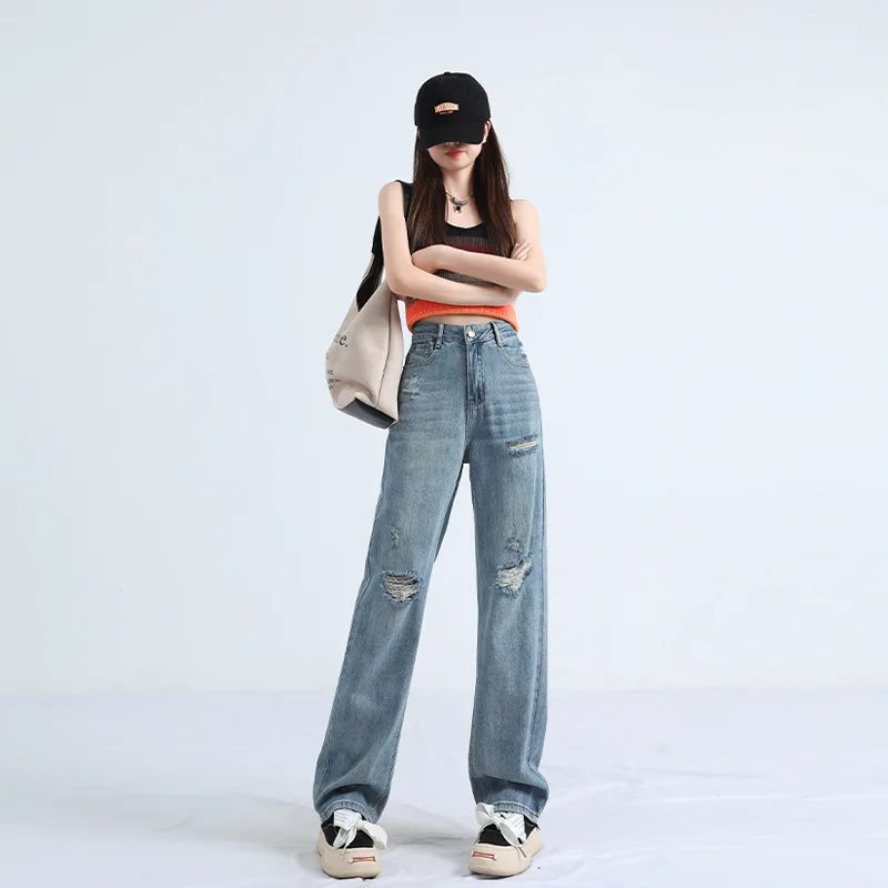 Popular Women's Blue Ripped Straight Leg Jeans with High Waist and Slim Fit Loose and Wide Leg Design Ins Trendy Floor Pants