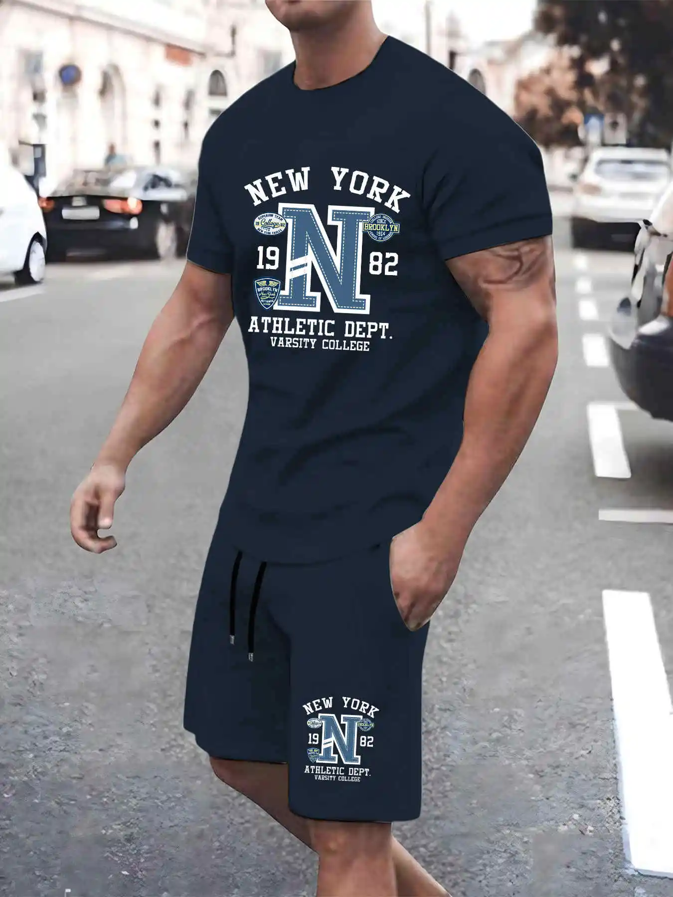 2025 New Summer Mens Set High quality T-shirts Shorts Two-Piece New York Graphic Print Fashion Oversize Clothes Man Sports Suit