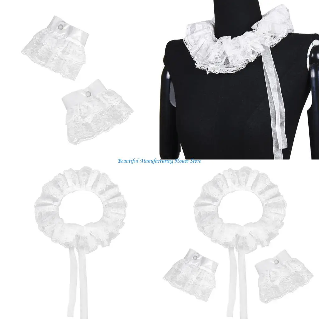 E56A Elizabethan Ruff Collar Decorative Hand Cuff Sleeves For Medieval Theme Event