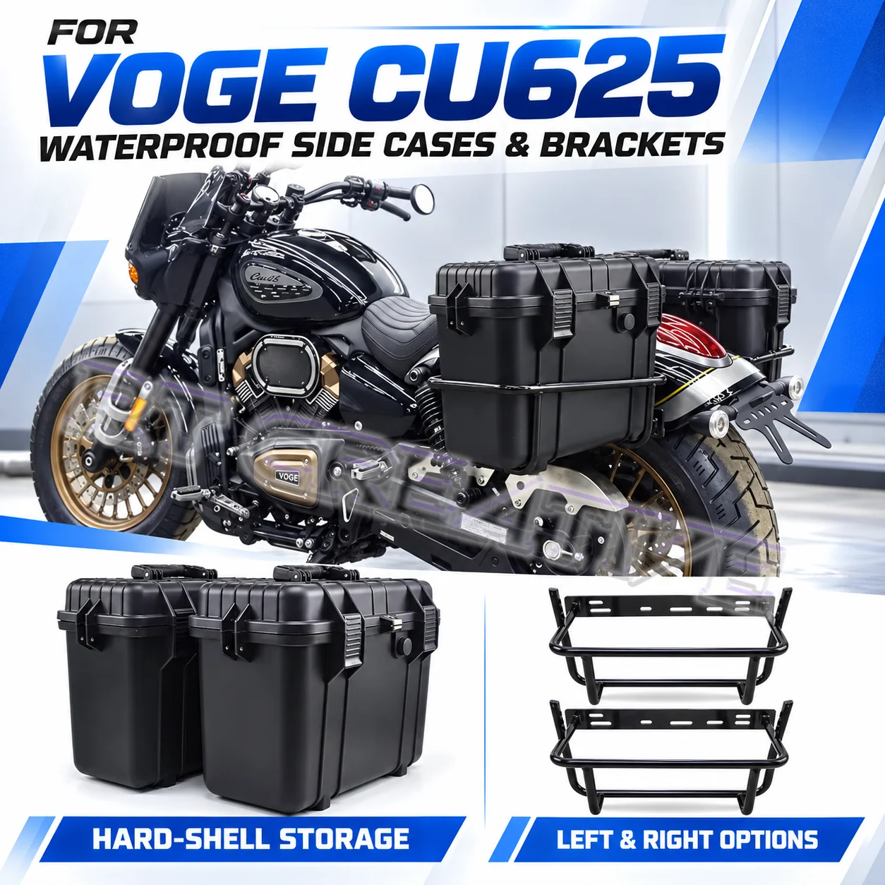 Waterproof side cases (rear luggage storage boxes) for VOGE CU625 / 625CU motorcycles, including mounting brackets