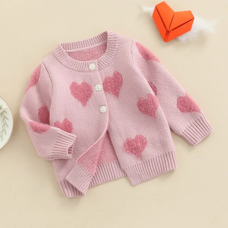 Baby Girl Sweater Fall Winter Clothes Heart Print Long Sleeve Button Closure Knit Korean Cardigan Baby Tops Outerwear Clothing