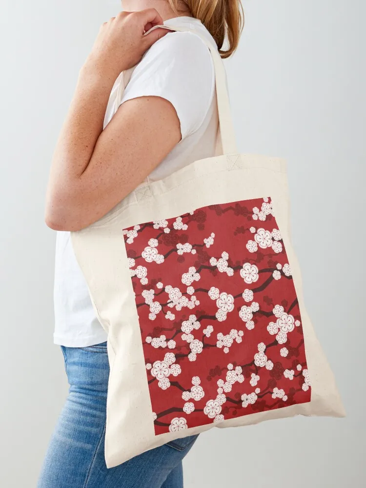 White Oriental Cherry Blossoms On Red Zen Japanese Sakura Flowers ? fatfatin Tote Bag Gift bag Lady bag