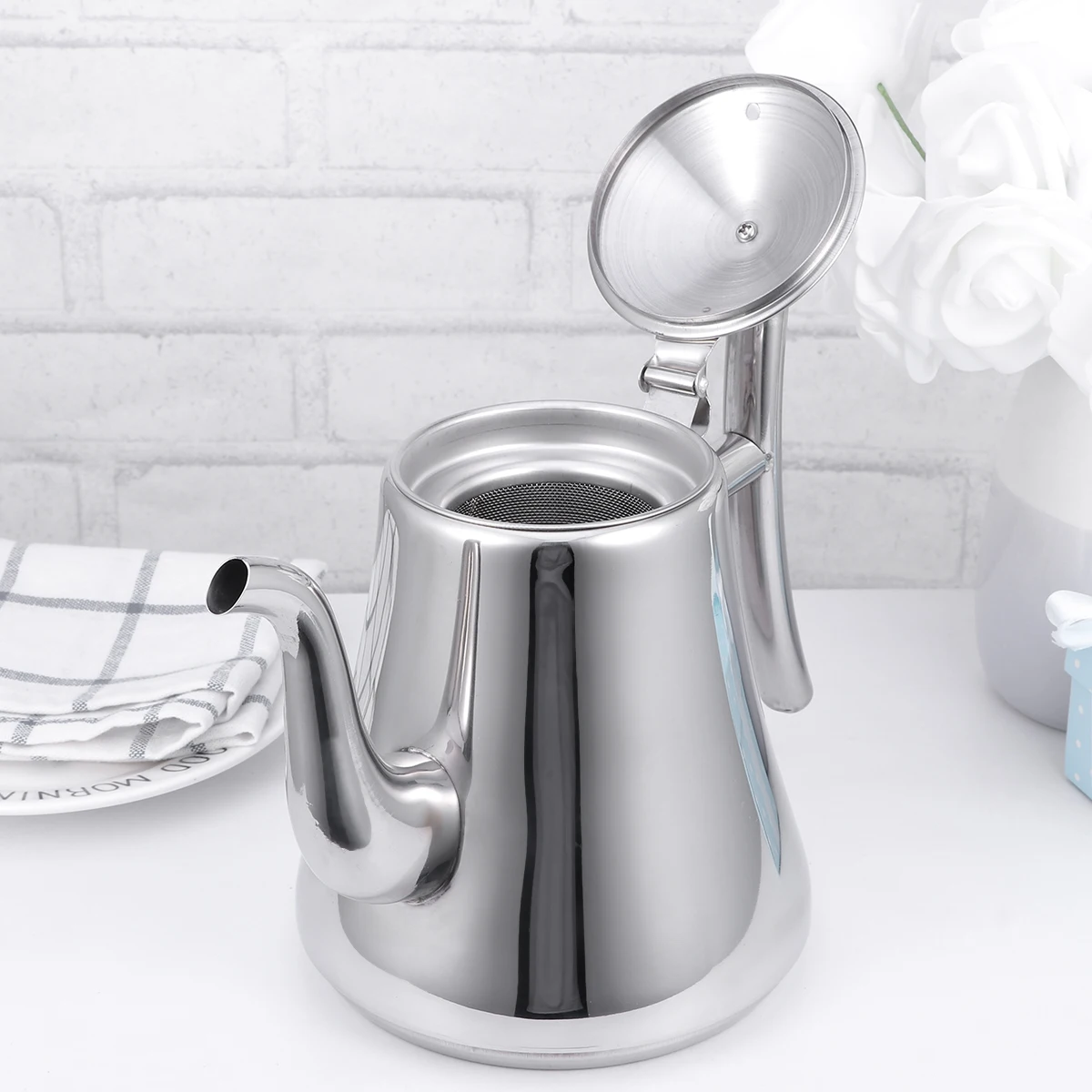 

Stainless Steel Tea Kettle Home Restaurant Use Curvy Handle Inner Strainer Natural Color Water Coffee Pot Kitchen