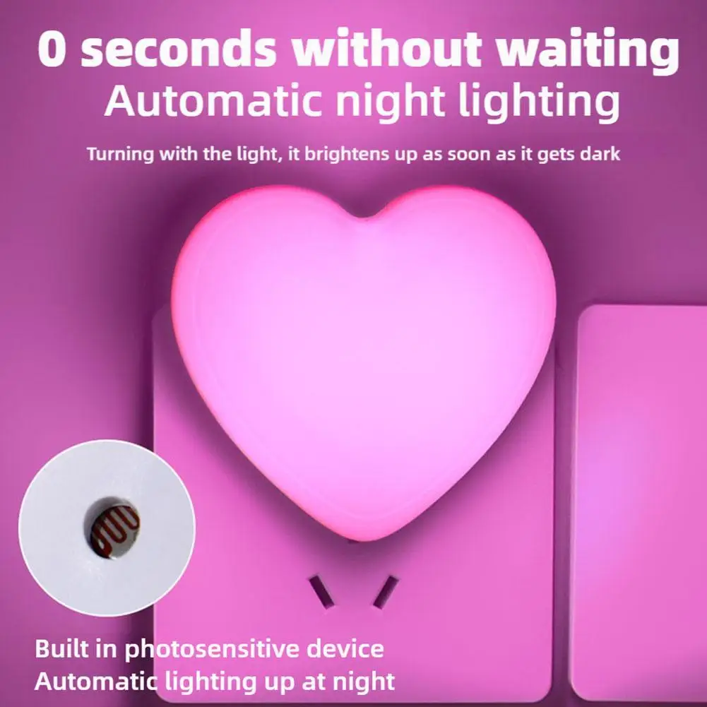EU Plug LED Night Light Heart Shape Sensor Night Lamp for Bedroom Energy-Saving & Safe Nightlight for Kids Adults