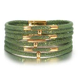 ALLYES Fashion Metal Tube Sequins Leather Bracelet for Women Shiny Boho Multilayer Wrap Wide Bracelets Party Christmas Jewelry