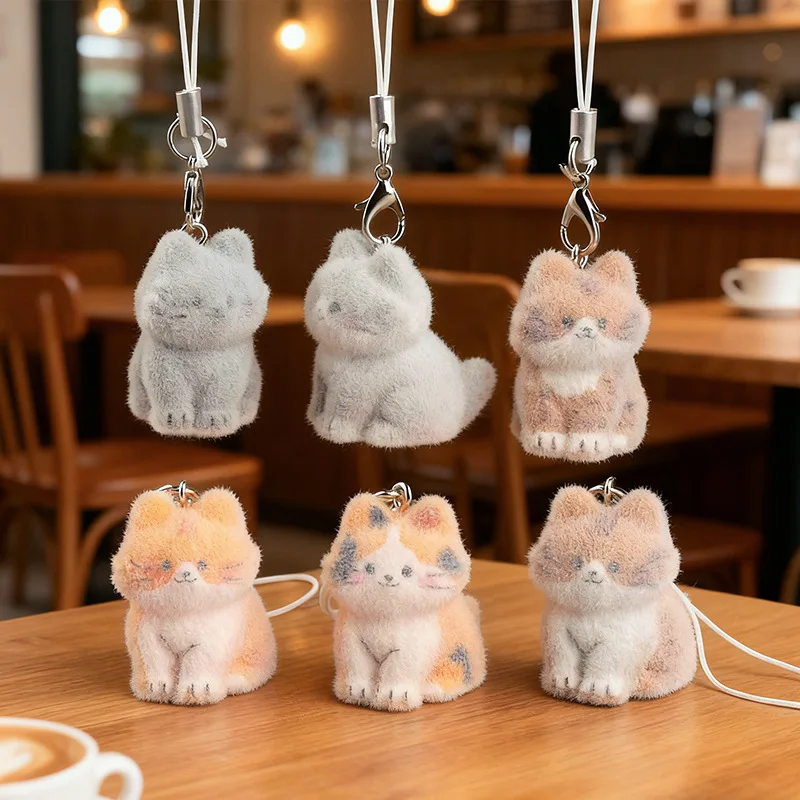 6Pcs Cute Cartoon 3D Flocking Resin Cat Keychain Bag Charms Phone Lanyard Pendant Lovely Gift For Girls Backpack Decor