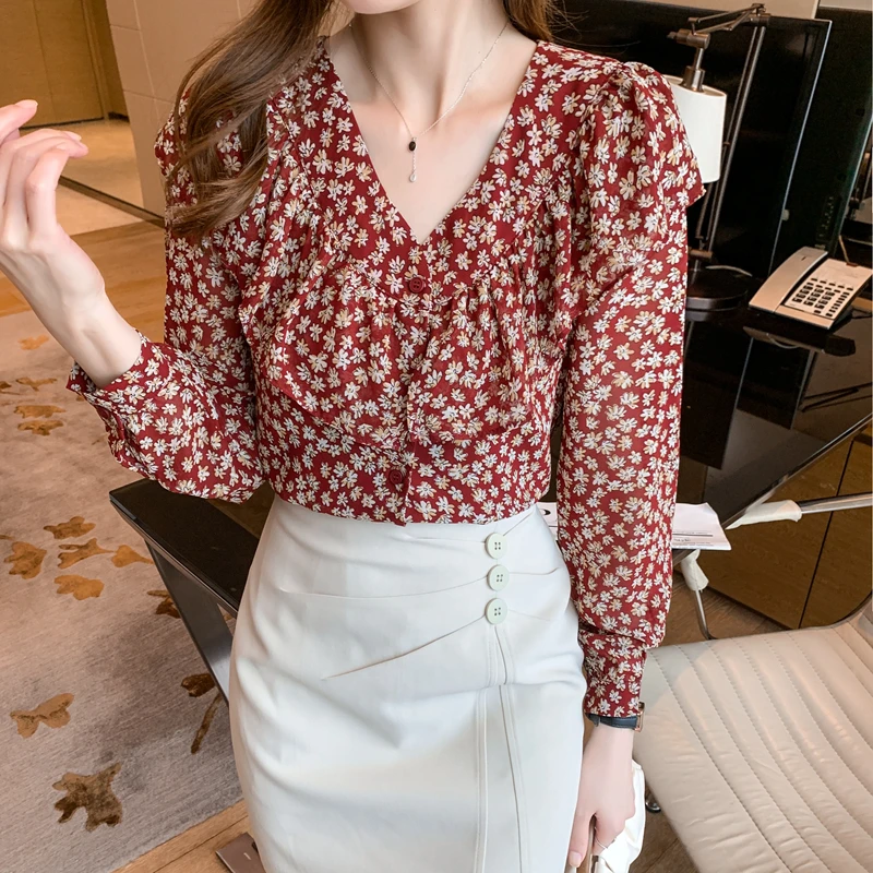 Women Clothing Vintage V-neck Long Sleeve Tops Autumn Fashion Easy Matching Office Lady Blouse Loose Casual Chiffon Shirts