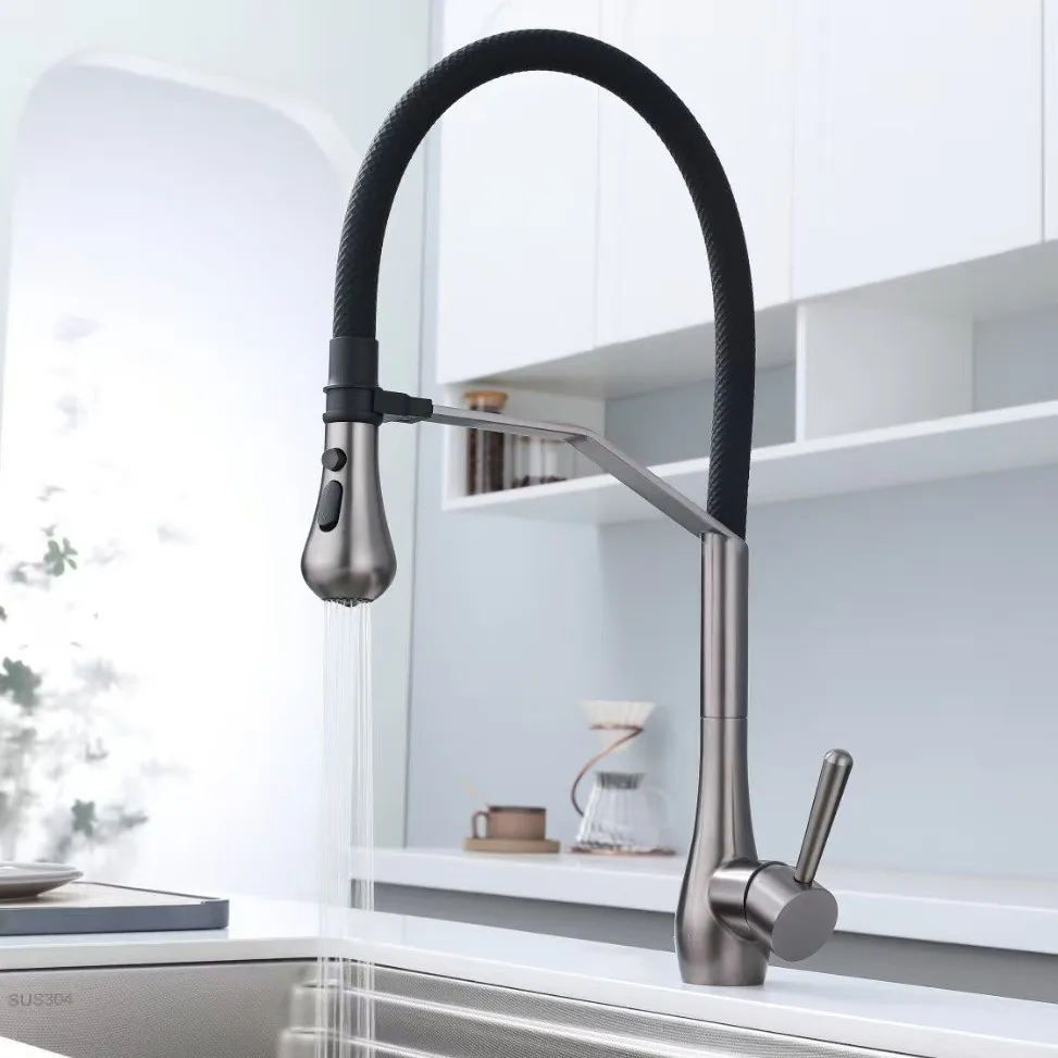

304 Stainless Steel Swivel Silicone Kitchen Faucet Pull Out Sink Magnetic Hot Cold Water Tap