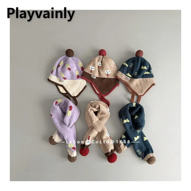 Set Topi dan Syal Anak Gaya Korea, Beanie Rajut Modis dengan Penutup Telinga dan Syal Senada, Pakaian Hangat Dua Potong untuk Anak Laki-laki dan Perempuan, Lucu H2165