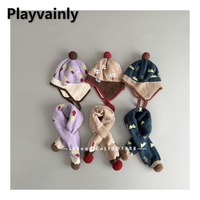 Korean Style Kids Hat and Scarf Set Fashion Knit Beanie with Ear Flaps Matching Scarf Boy Girl Cute Warm Two-Piece Outfit H2165