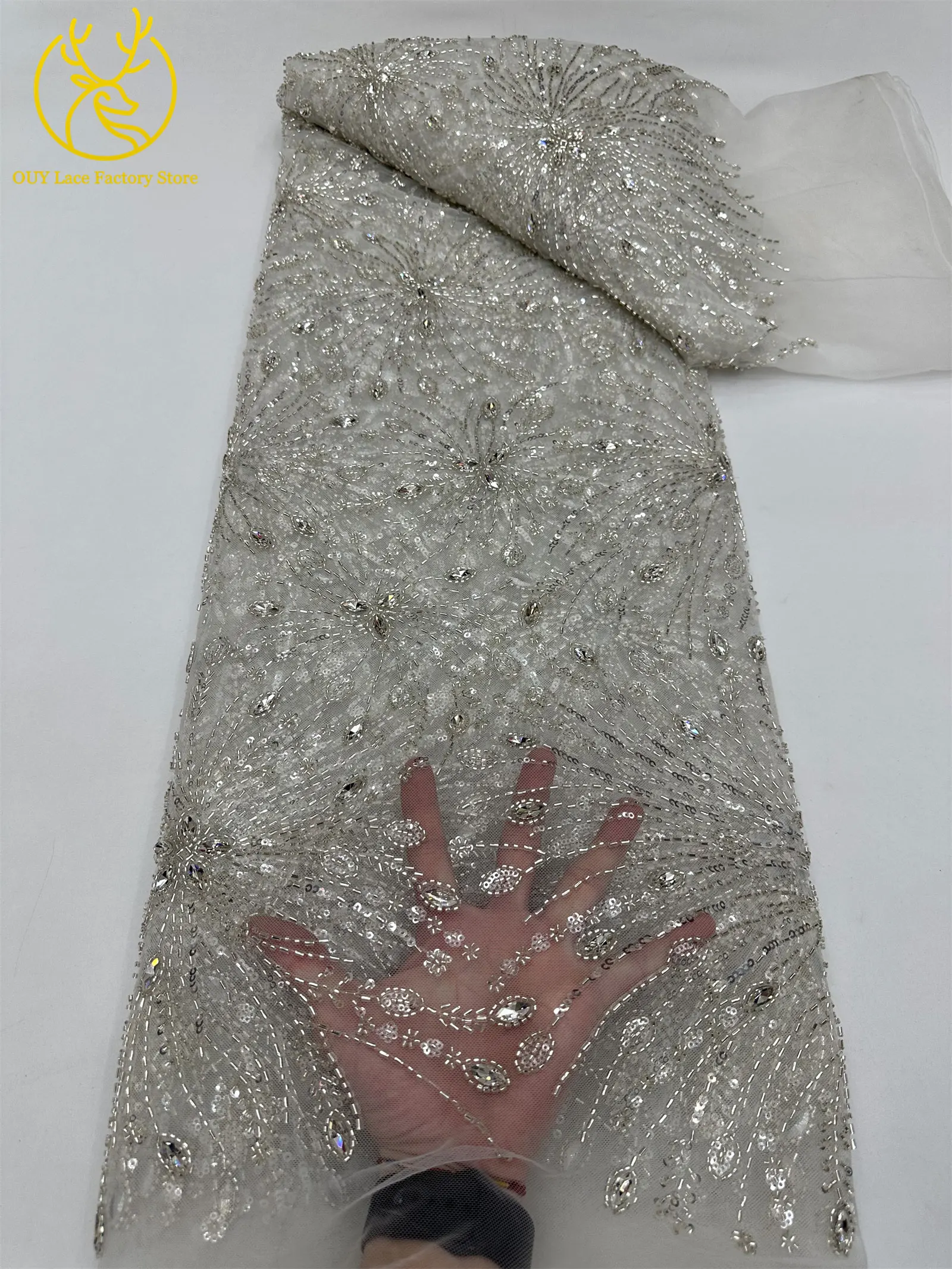 Goldene französische Edelstein-Perlenstickerei-Spitze, hochwertige nigerianische Mesh-Pailletten-Tüllspitze, afrikanischer Spitzenstoff für Damenkleider – Detail 12