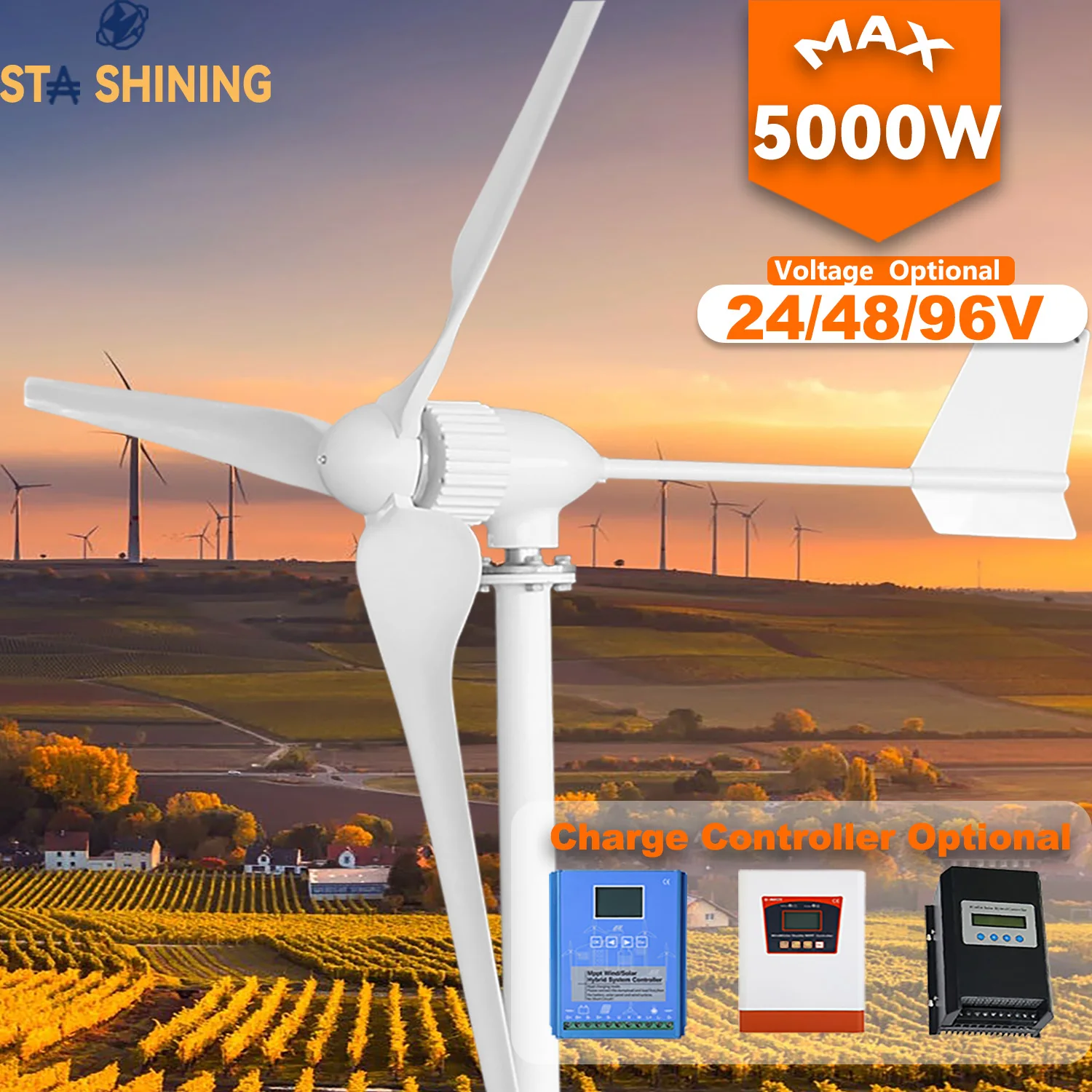 【Higher-Output】Horizontal Wind Turbine Generator 5000W Max Windmill W/ MPPT Hybrid  Charge Solar Wind Off-Grid System,  3 Blades