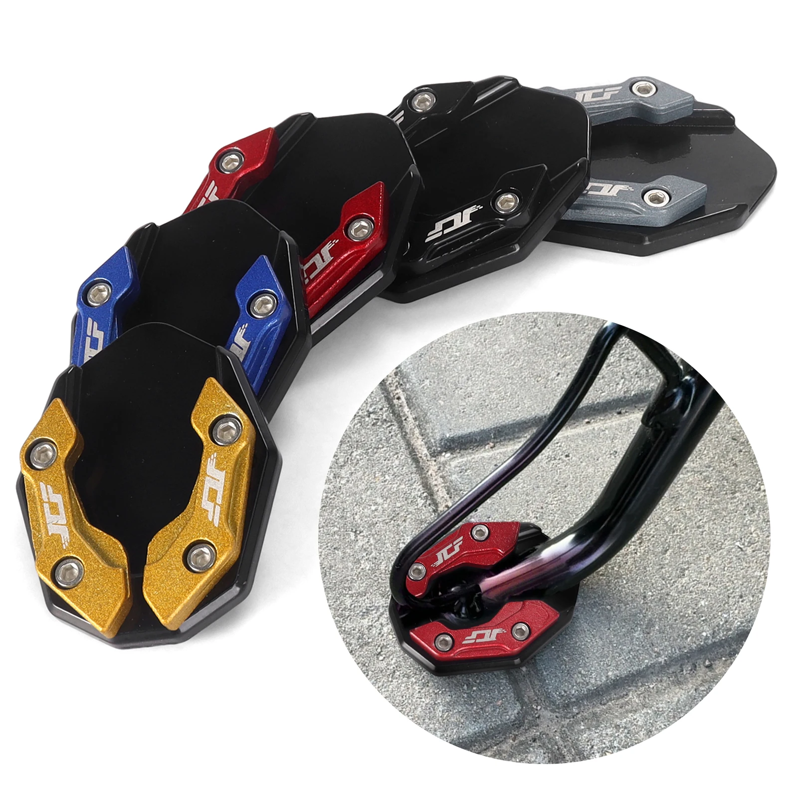 Extensor de soporte para motocicleta, almohadilla de extensión de caballete lateral, placa de soporte de repuesto, soporte de estacionamiento antideslizante, 5 colores