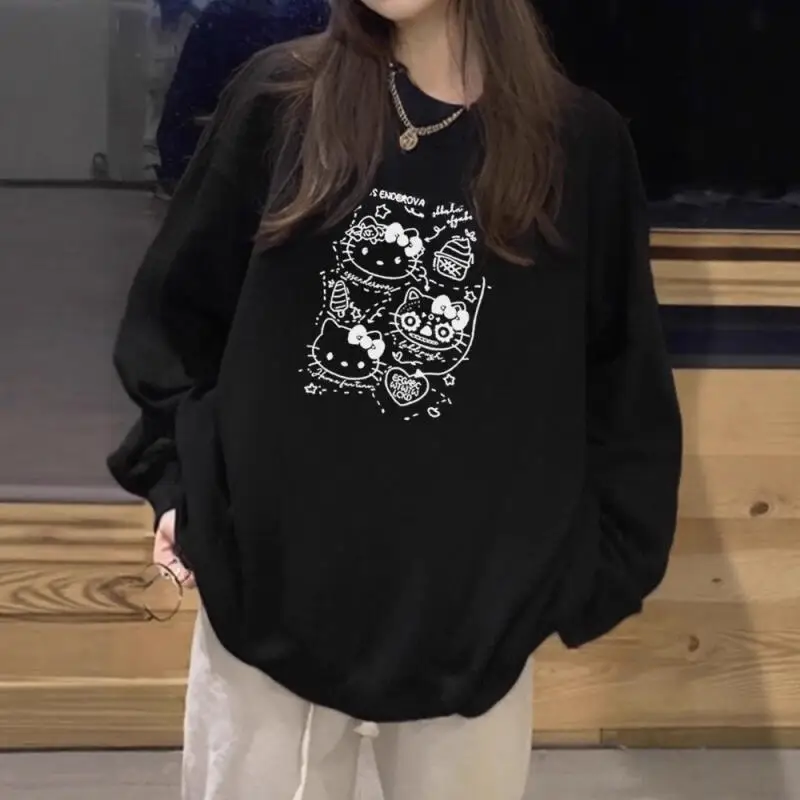 T-shirt da donna a maniche lunghe ad asciugatura rapida American Retro Kitty Cat in primavera e autunno, nuovo top stile college ampio e pigro