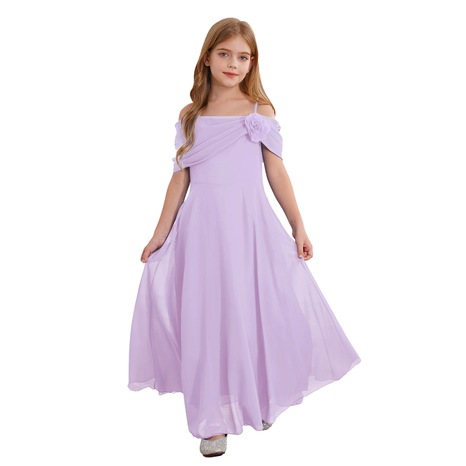 

Kids Girls Elegant Party Gowns Flower Applique Off Shoulder Flattering Ruched A-Line Chiffon Dress for Bridesmaid Birthday Proms