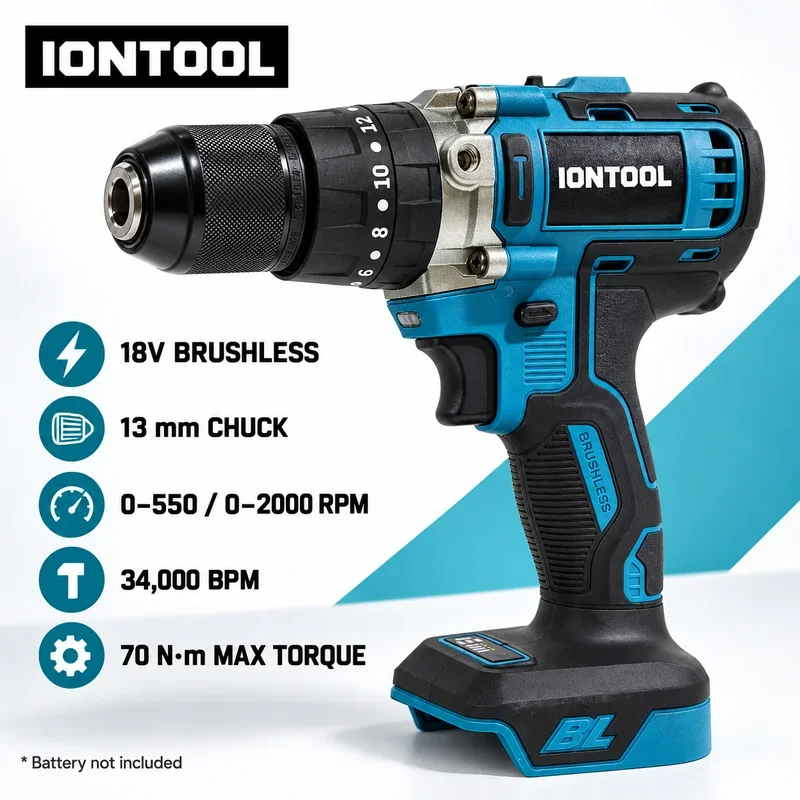 IONTOOL 18V Brushless Cordless Hammer Drill 70Nm 13mm Chuck 2 Speed 0-2000RPM 34000BPM Power Tool for Home DIY Repair